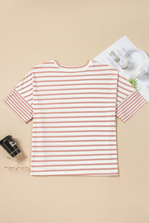 Pink Stripe Waffle Knit Pocketed Half Sleeve Plus Size T Shirt